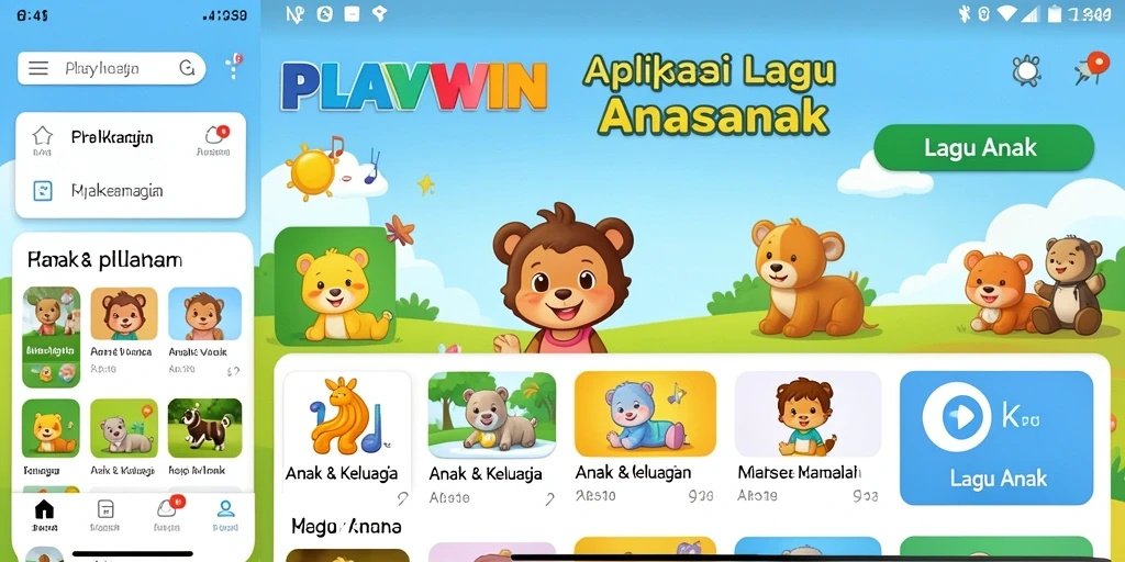 Antarmuka aplikasi PLAYWIN dengan lagu anak yang ceria dan interaktif.