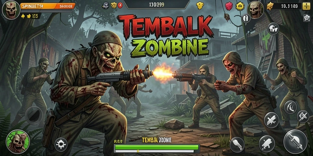 Tampilan antarmuka permainan tembak zombie yang menarik.